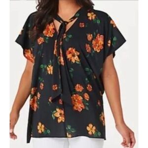 Laurie Felt V-Neck Printed Woven and Knit Scarf Blouse, Black Floral, XL, ✔️